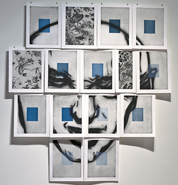 A man's face over blue squares split into 15 sheets of paper